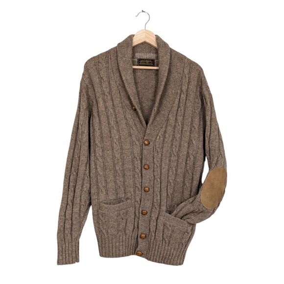 Vintage Eddie Bauer Wool Cardigan Sweater M Brown Cable Knit Patch Shawl Mens - Picture 1 of 10